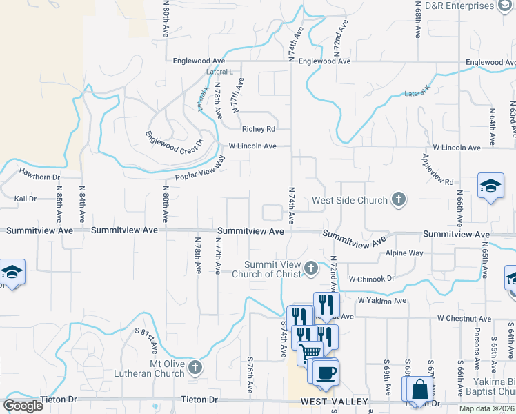 map of restaurants, bars, coffee shops, grocery stores, and more near 243-247 North 76th Avenue in Yakima