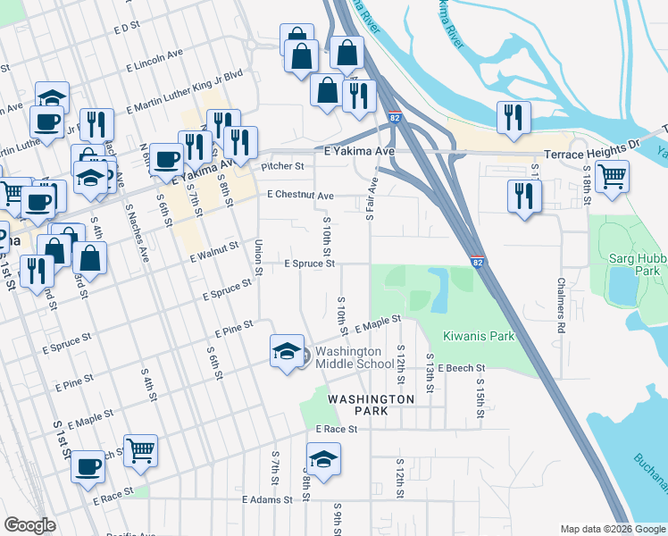 map of restaurants, bars, coffee shops, grocery stores, and more near 208 S 10th St in Yakima
