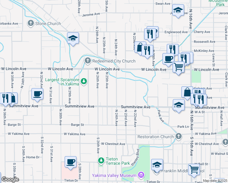 map of restaurants, bars, coffee shops, grocery stores, and more near 306 North 24th Avenue in Yakima