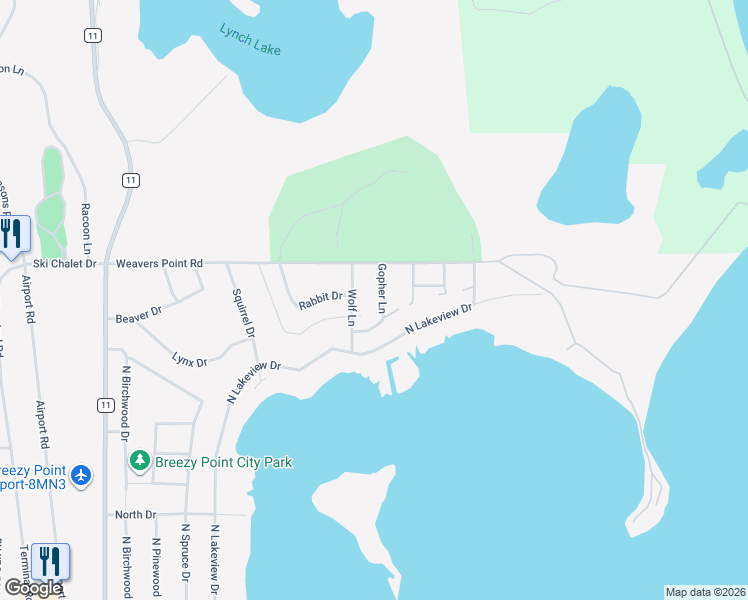 map of restaurants, bars, coffee shops, grocery stores, and more near 30982 Wolf Lane in Pequot Lakes