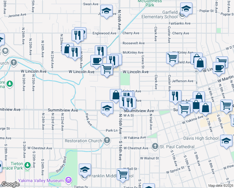 map of restaurants, bars, coffee shops, grocery stores, and more near 220 North 16th Avenue in Yakima