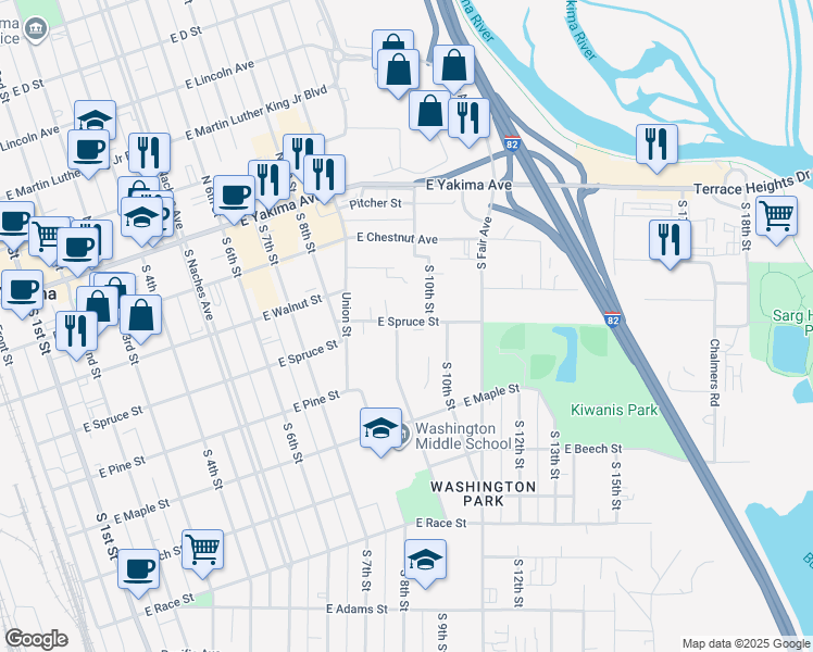 map of restaurants, bars, coffee shops, grocery stores, and more near 207 South 9th Street in Yakima