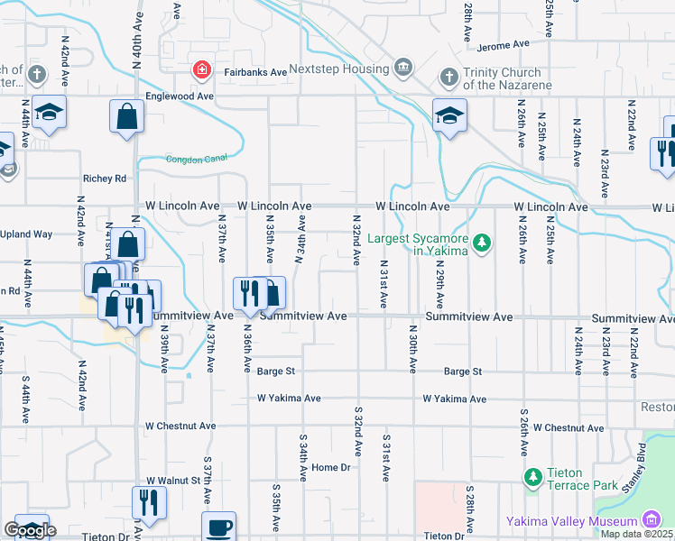 map of restaurants, bars, coffee shops, grocery stores, and more near 308 North 32nd Avenue in Yakima