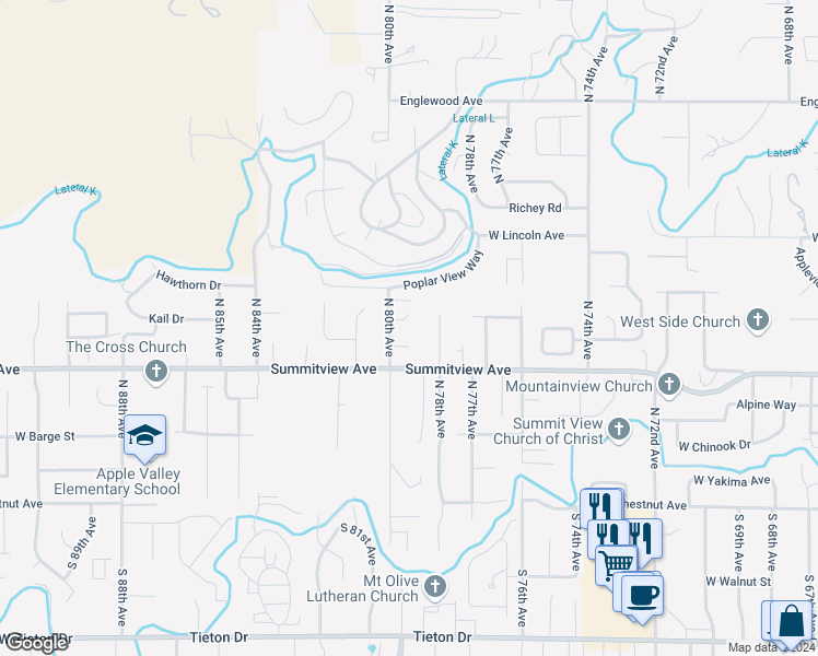 map of restaurants, bars, coffee shops, grocery stores, and more near 7905 Skyline Way in Yakima