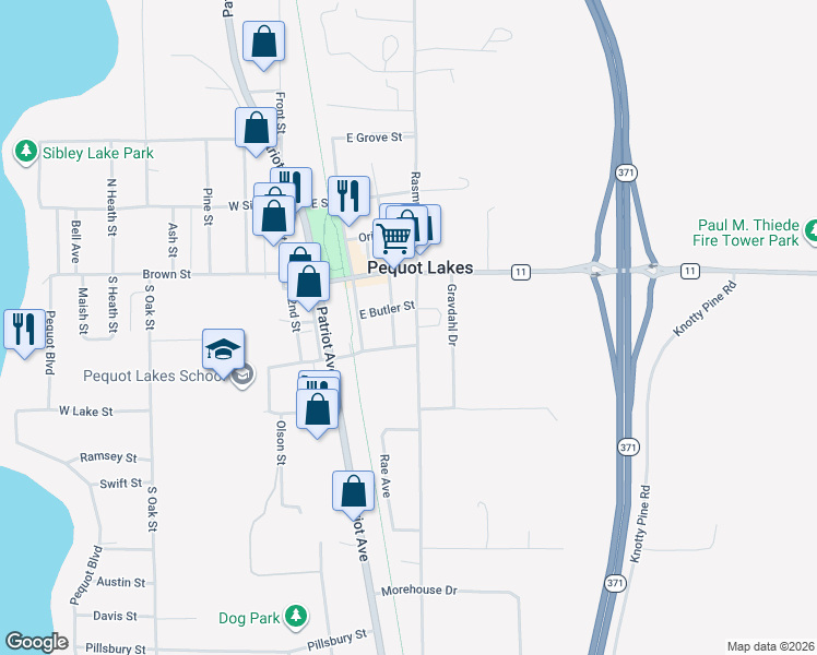 map of restaurants, bars, coffee shops, grocery stores, and more near 30950 Old Highway 371 in Pequot Lakes