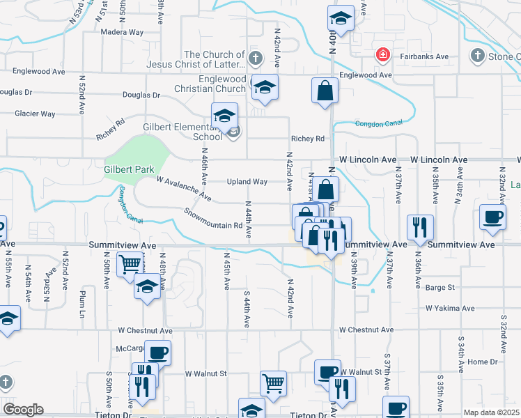 map of restaurants, bars, coffee shops, grocery stores, and more near 301 North 44th Avenue in Yakima