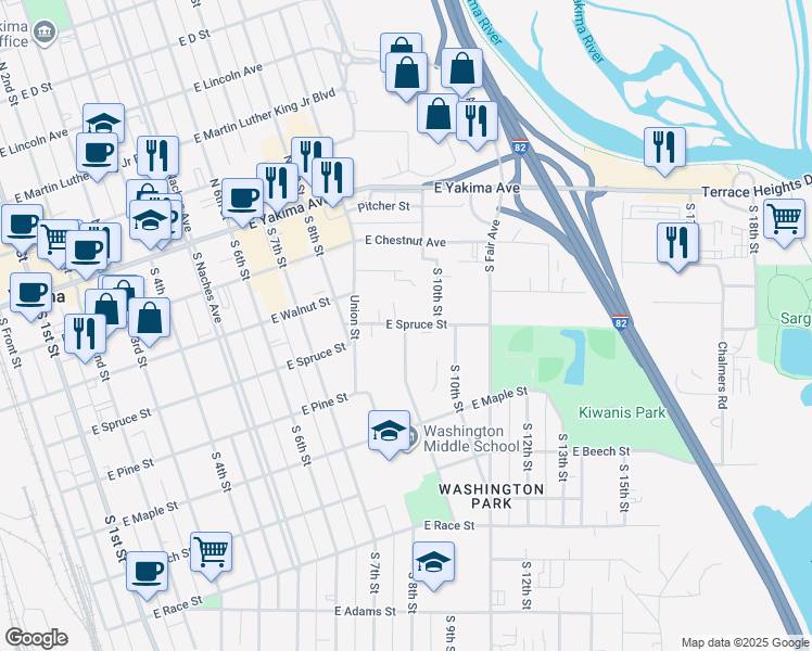 map of restaurants, bars, coffee shops, grocery stores, and more near 207 South 9th Street in Yakima