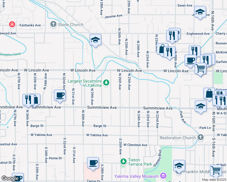 map of restaurants, bars, coffee shops, grocery stores, and more near 303 North 27th Avenue in Yakima