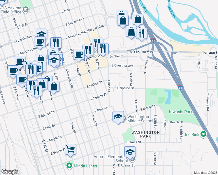 map of restaurants, bars, coffee shops, grocery stores, and more near 207 Union Street in Yakima