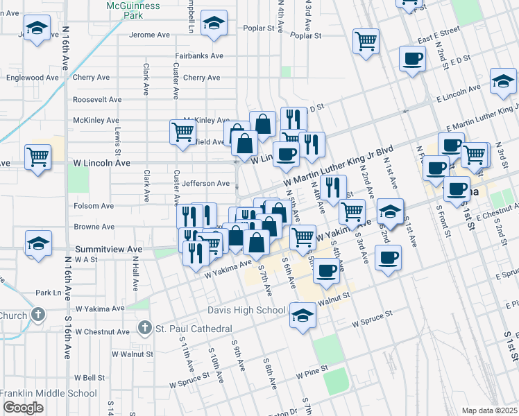 map of restaurants, bars, coffee shops, grocery stores, and more near 116 North 6th Avenue in Yakima