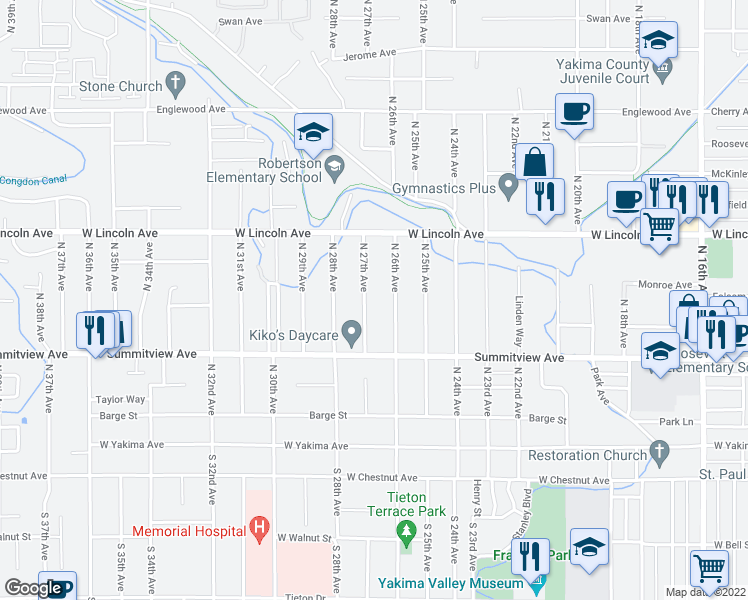 map of restaurants, bars, coffee shops, grocery stores, and more near 303 North 27th Avenue in Yakima