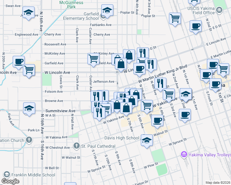 map of restaurants, bars, coffee shops, grocery stores, and more near 1105 Folsom Avenue in Yakima