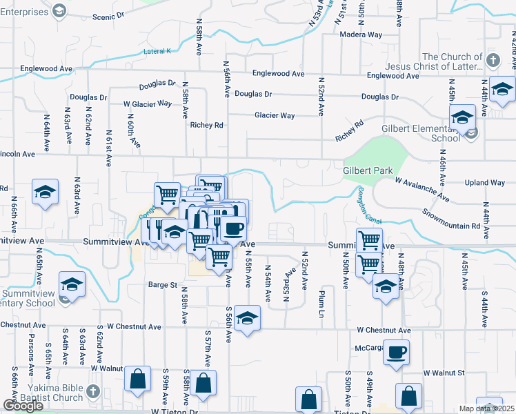 map of restaurants, bars, coffee shops, grocery stores, and more near 5405 Summitview Avenue in Yakima
