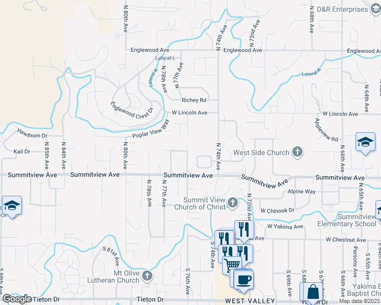 map of restaurants, bars, coffee shops, grocery stores, and more near 243-247 North 76th Avenue in Yakima