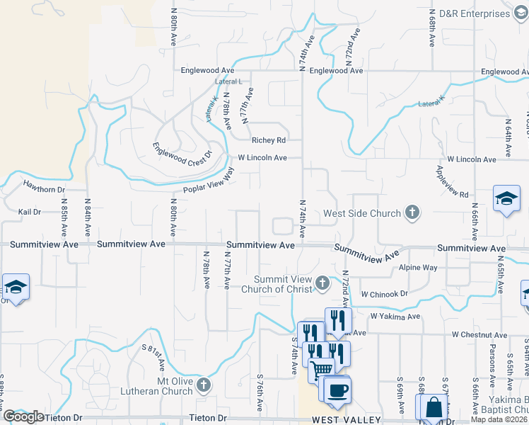 map of restaurants, bars, coffee shops, grocery stores, and more near 243-247 North 76th Avenue in Yakima