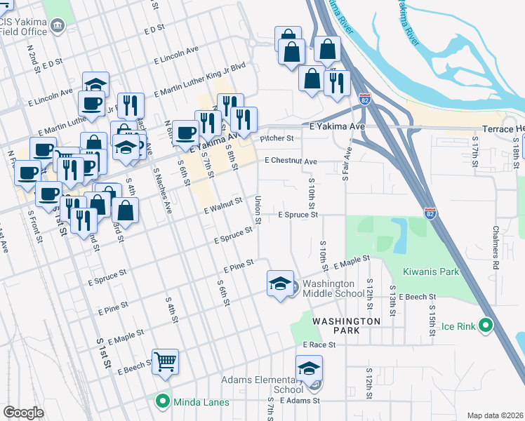 map of restaurants, bars, coffee shops, grocery stores, and more near 207 Union Street in Yakima