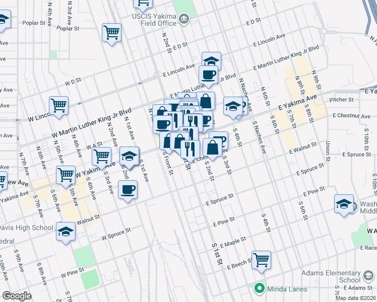 map of restaurants, bars, coffee shops, grocery stores, and more near in Yakima