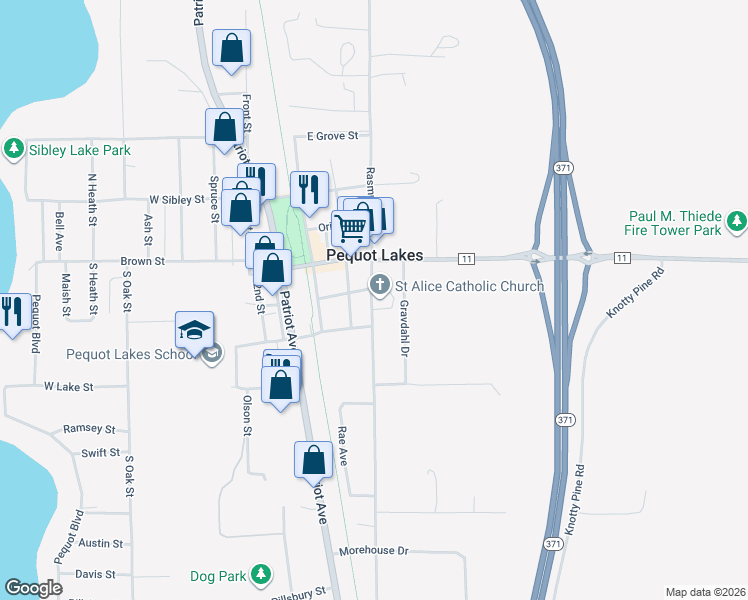 map of restaurants, bars, coffee shops, grocery stores, and more near 30950 Old Highway 371 in Pequot Lakes