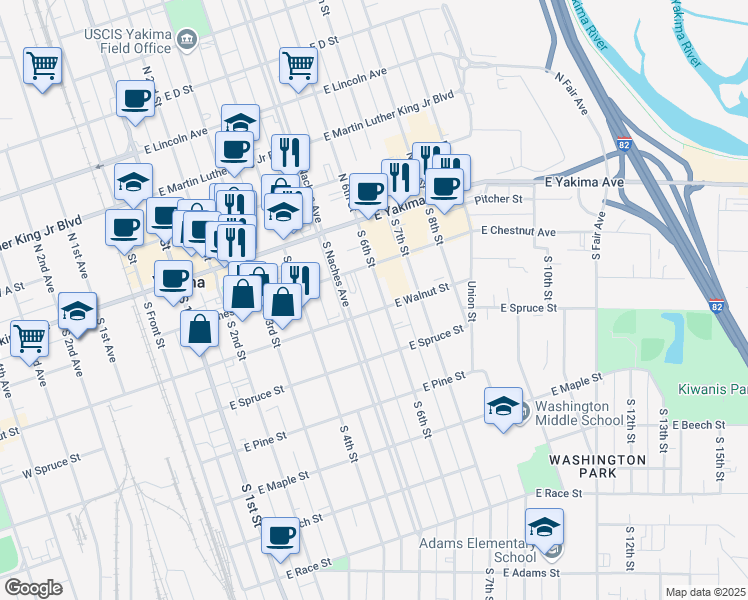 map of restaurants, bars, coffee shops, grocery stores, and more near 108 South 6th Street in Yakima