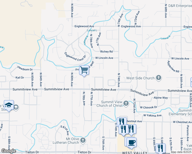 map of restaurants, bars, coffee shops, grocery stores, and more near 7609 Skyline Way in Yakima
