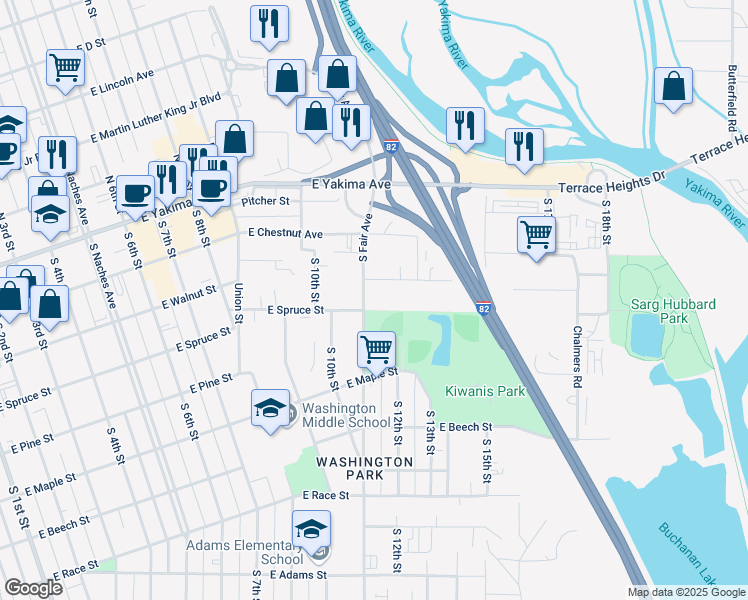 map of restaurants, bars, coffee shops, grocery stores, and more near 211 South Fair Avenue in Yakima