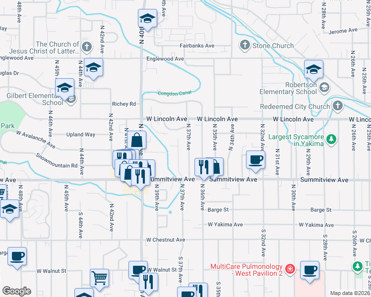 map of restaurants, bars, coffee shops, grocery stores, and more near 228 North 37th Avenue in Yakima