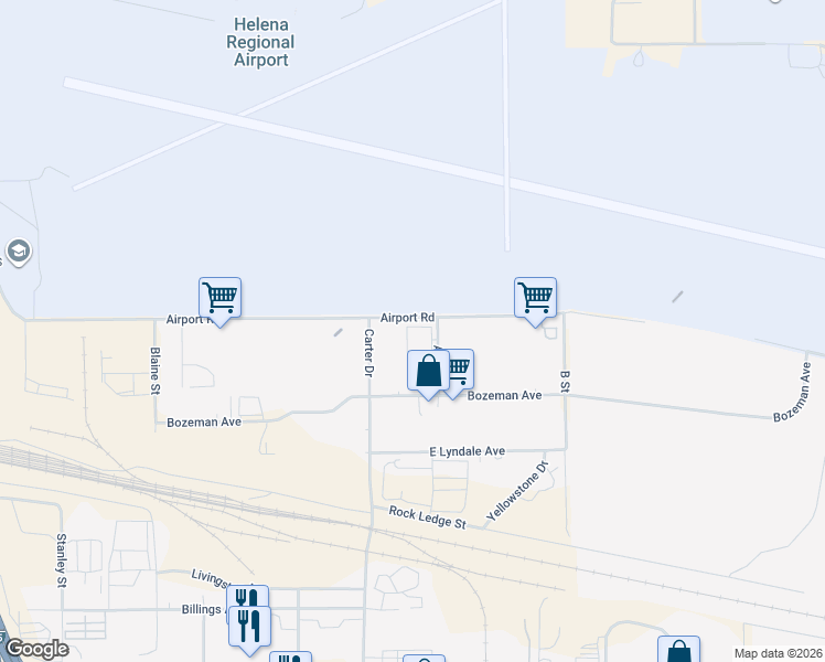 map of restaurants, bars, coffee shops, grocery stores, and more near 3045 Airport Road in Helena
