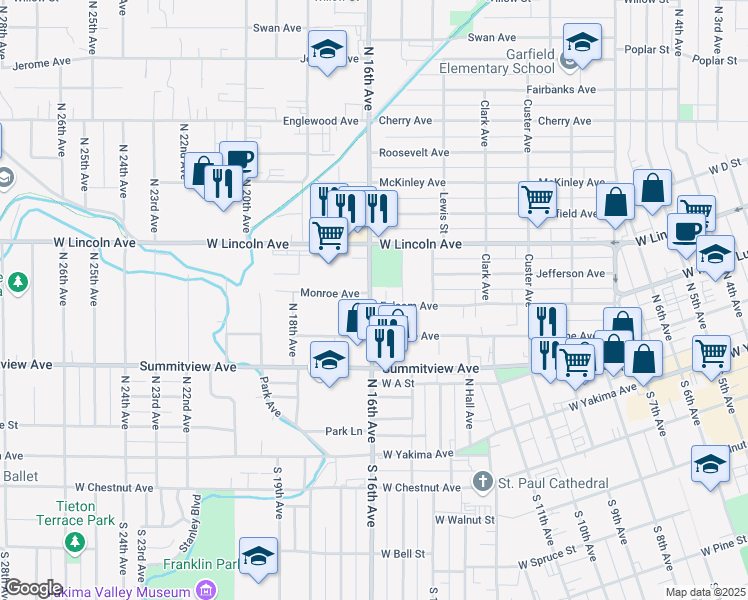map of restaurants, bars, coffee shops, grocery stores, and more near 1601 Monroe Avenue in Yakima