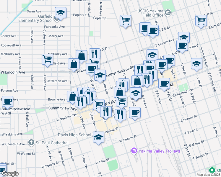 map of restaurants, bars, coffee shops, grocery stores, and more near 101 North 4th Avenue in Yakima