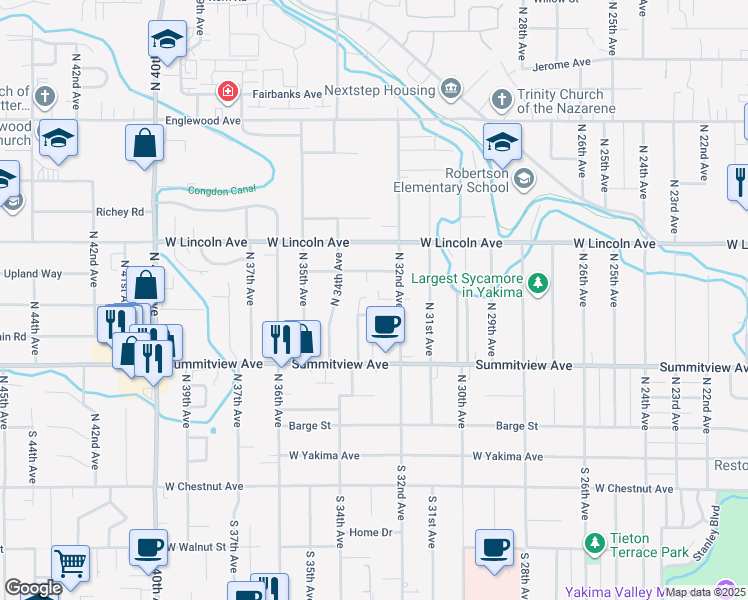 map of restaurants, bars, coffee shops, grocery stores, and more near 308 North 32nd Avenue in Yakima