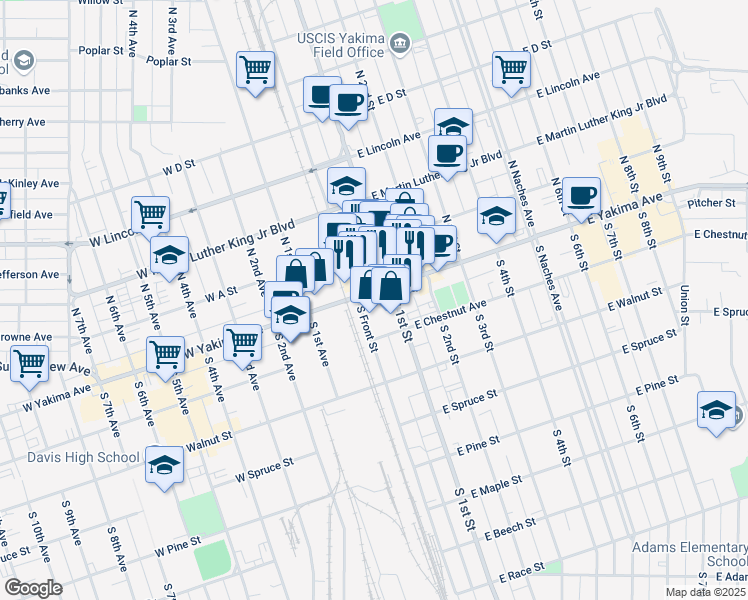 map of restaurants, bars, coffee shops, grocery stores, and more near 6 West Yakima Avenue in Yakima