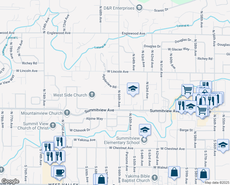 map of restaurants, bars, coffee shops, grocery stores, and more near 6603 Skyline Way in Yakima