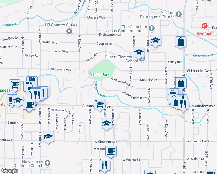 map of restaurants, bars, coffee shops, grocery stores, and more near 4811 Snowmountain Road in Yakima