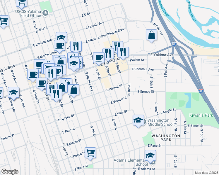 map of restaurants, bars, coffee shops, grocery stores, and more near 607 East Walnut Street in Yakima