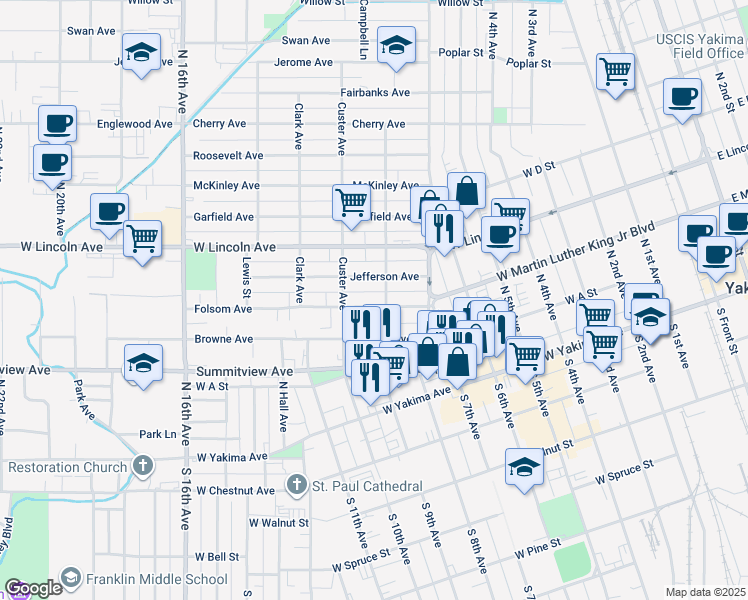 map of restaurants, bars, coffee shops, grocery stores, and more near 1205 Folsom Avenue in Yakima