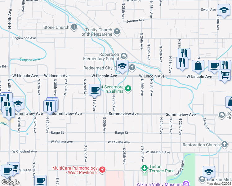 map of restaurants, bars, coffee shops, grocery stores, and more near 303 North 29th Avenue in Yakima
