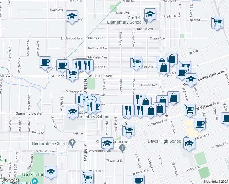 map of restaurants, bars, coffee shops, grocery stores, and more near 1409 Folsom Avenue in Yakima