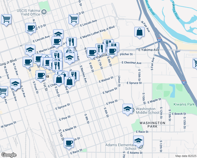 map of restaurants, bars, coffee shops, grocery stores, and more near 607 East Walnut Street in Yakima