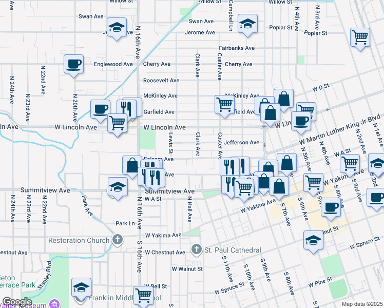 map of restaurants, bars, coffee shops, grocery stores, and more near 1409 Folsom Avenue in Yakima