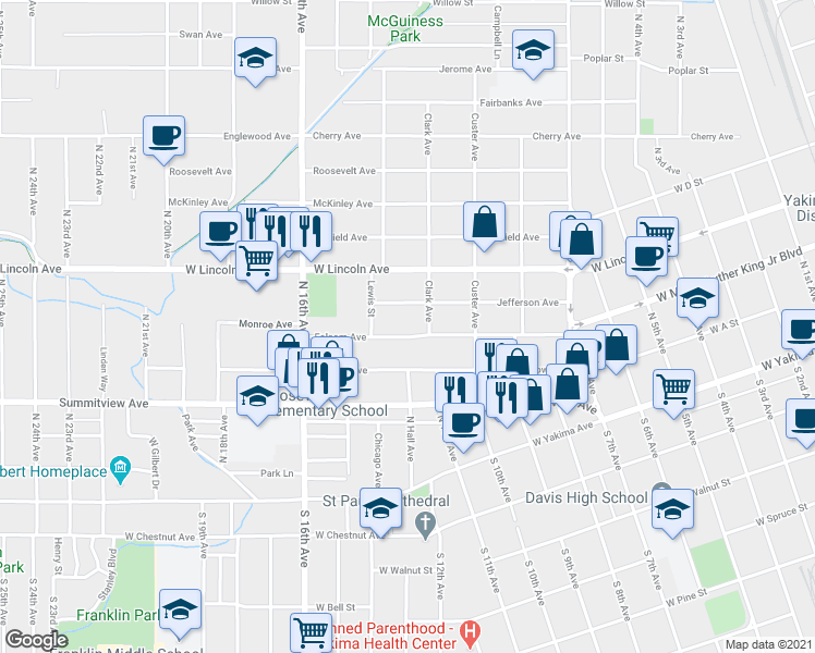 map of restaurants, bars, coffee shops, grocery stores, and more near 1409 Folsom Avenue in Yakima