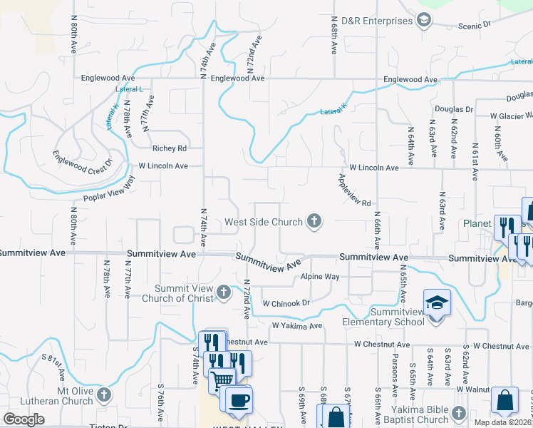 map of restaurants, bars, coffee shops, grocery stores, and more near 306 North 70th Avenue in Yakima