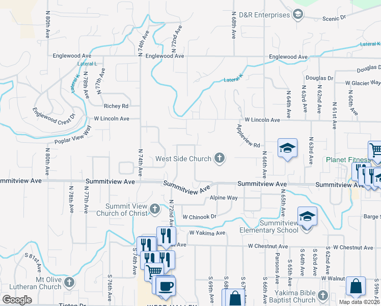 map of restaurants, bars, coffee shops, grocery stores, and more near 306 North 70th Avenue in Yakima