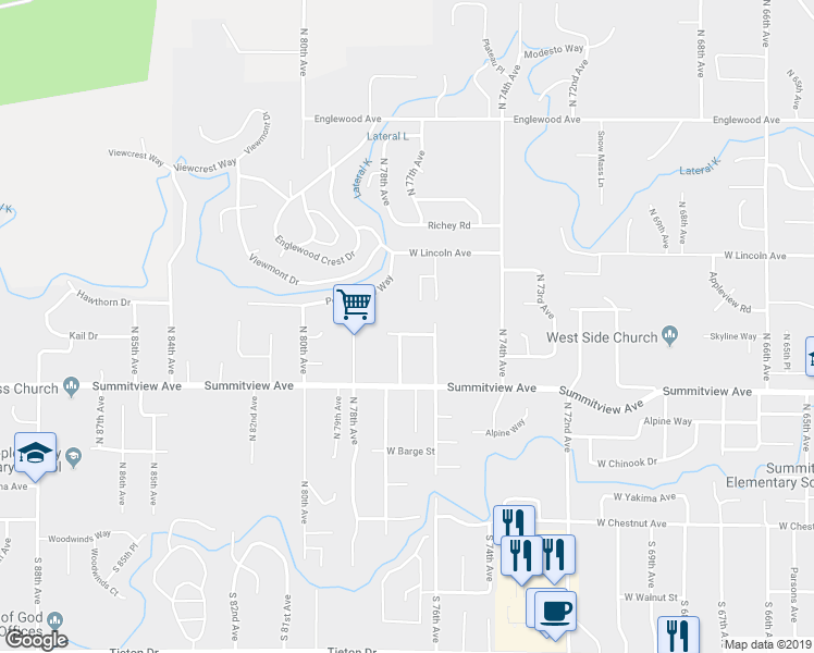 map of restaurants, bars, coffee shops, grocery stores, and more near 7609 Skyline Way in Yakima