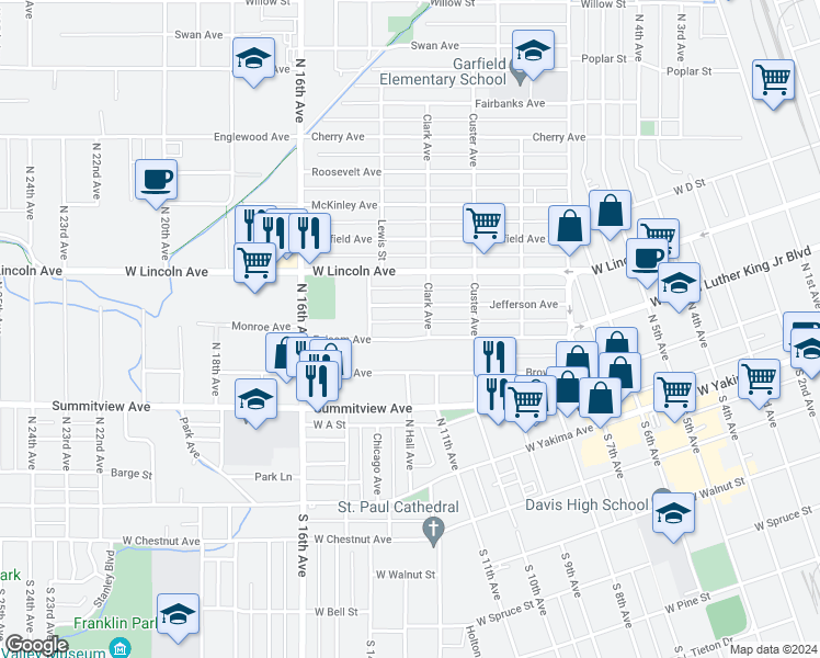 map of restaurants, bars, coffee shops, grocery stores, and more near 1405 Folsom Avenue in Yakima