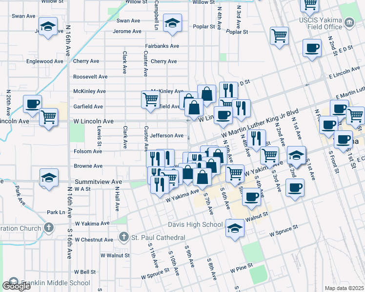 map of restaurants, bars, coffee shops, grocery stores, and more near 1105 Folsom Avenue in Yakima