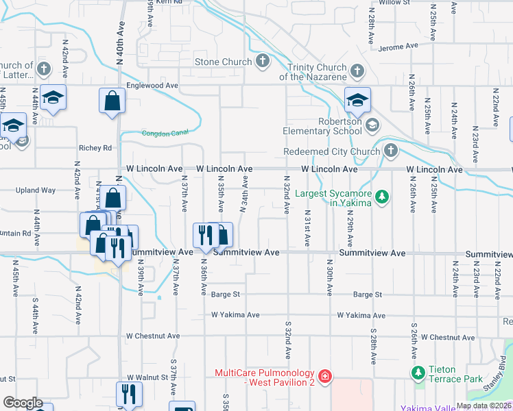 map of restaurants, bars, coffee shops, grocery stores, and more near 232 North 33rd Avenue in Yakima
