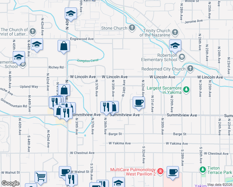 map of restaurants, bars, coffee shops, grocery stores, and more near 227 North 35th Avenue in Yakima