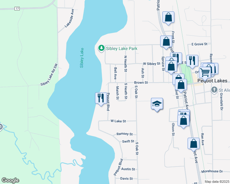 map of restaurants, bars, coffee shops, grocery stores, and more near 30949 Maish Street in Pequot Lakes