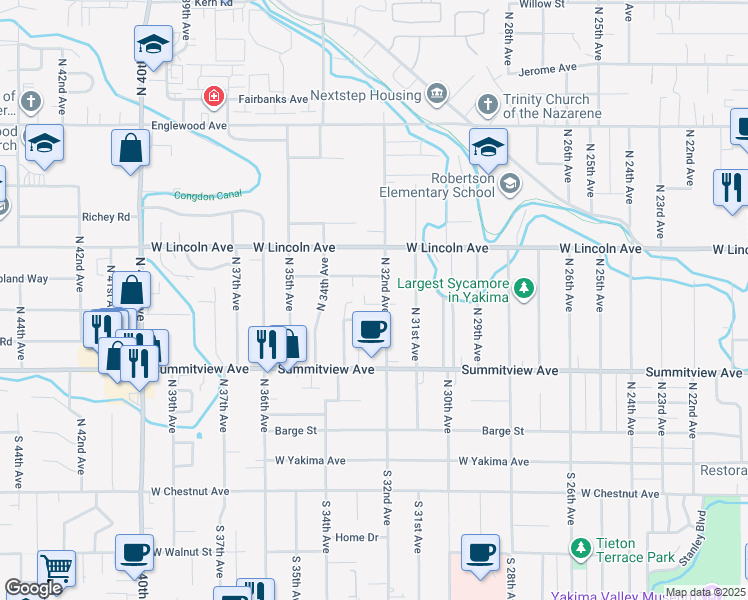 map of restaurants, bars, coffee shops, grocery stores, and more near 308 North 32nd Avenue in Yakima