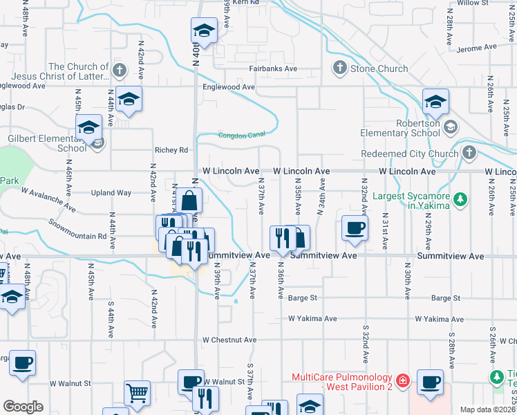 map of restaurants, bars, coffee shops, grocery stores, and more near 228 N 37th Ave in Yakima